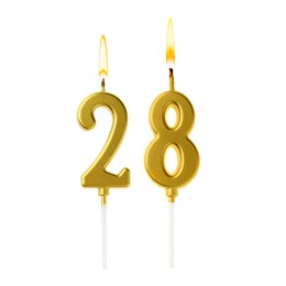 Image of Burning golden cake candles composing number 28 on white background. Festive decoration for birthday or other special date
