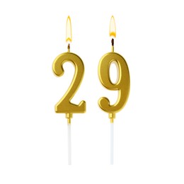 Image of Burning golden cake candles composing number 29 on white background. Festive decoration for birthday or other special date