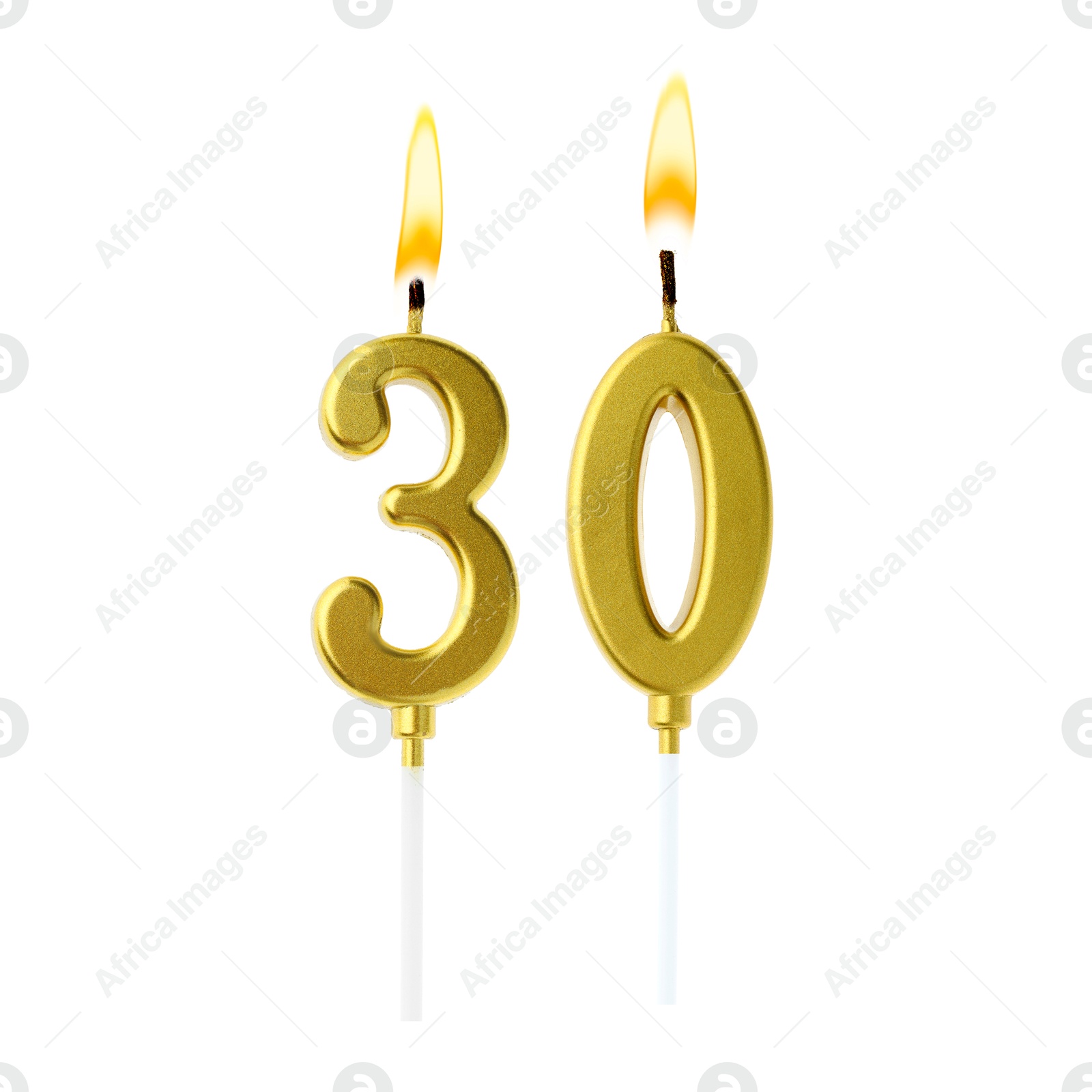 Burning golden cake candles composing number 30 on white background. Festive decoration for birthday or other special date Image of Burning golden cake candles composing number 30 on white background. Festive decoration for birthday or other special date