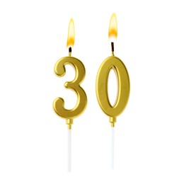 Image of Burning golden cake candles composing number 30 on white background. Festive decoration for birthday or other special date