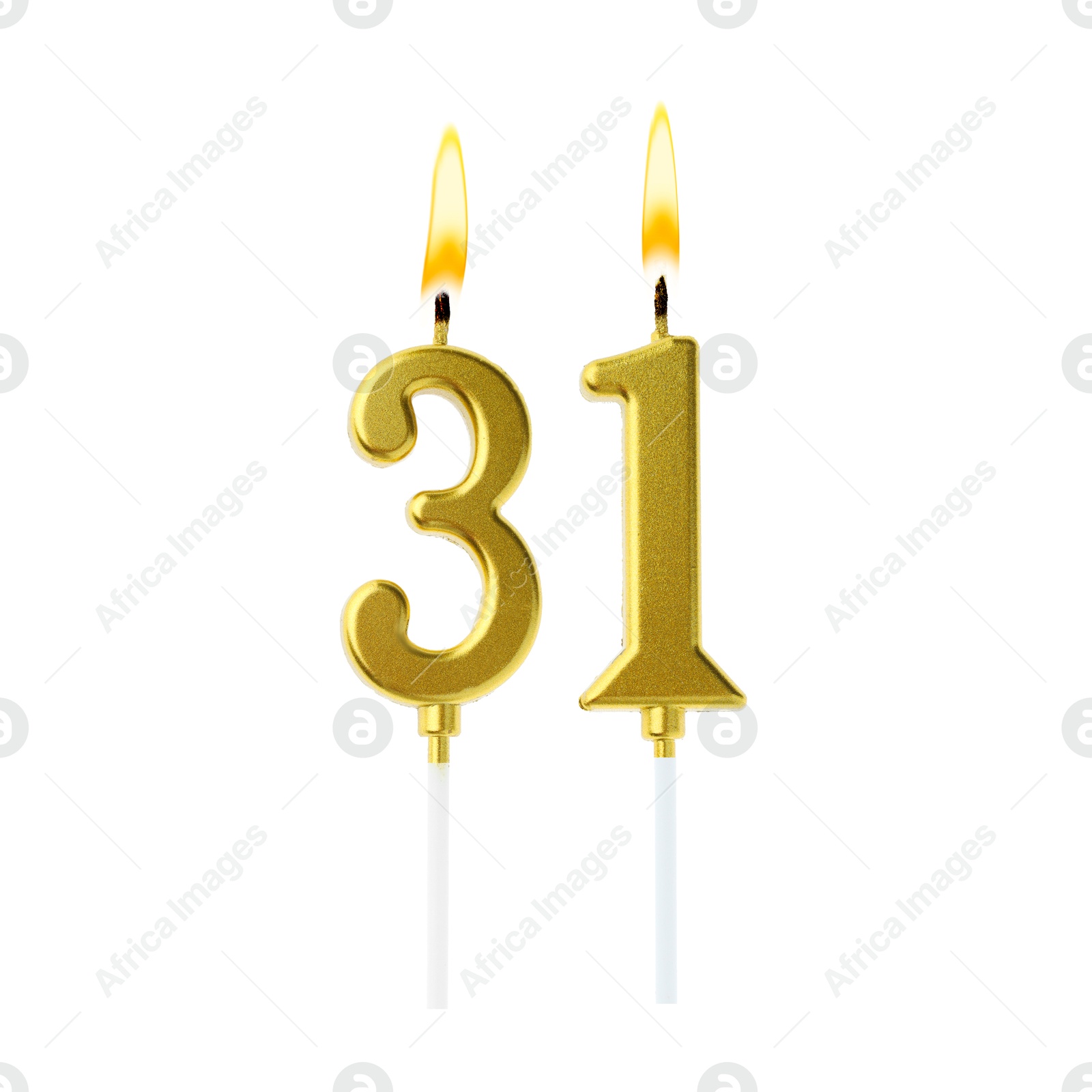 Burning golden cake candles composing number 31 on white background. Festive decoration for birthday or other special date Image of Burning golden cake candles composing number 31 on white background. Festive decoration for birthday or other special date