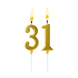 Image of Burning golden cake candles composing number 31 on white background. Festive decoration for birthday or other special date