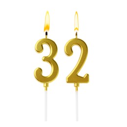 Image of Burning golden cake candles composing number 32 on white background. Festive decoration for birthday or other special date
