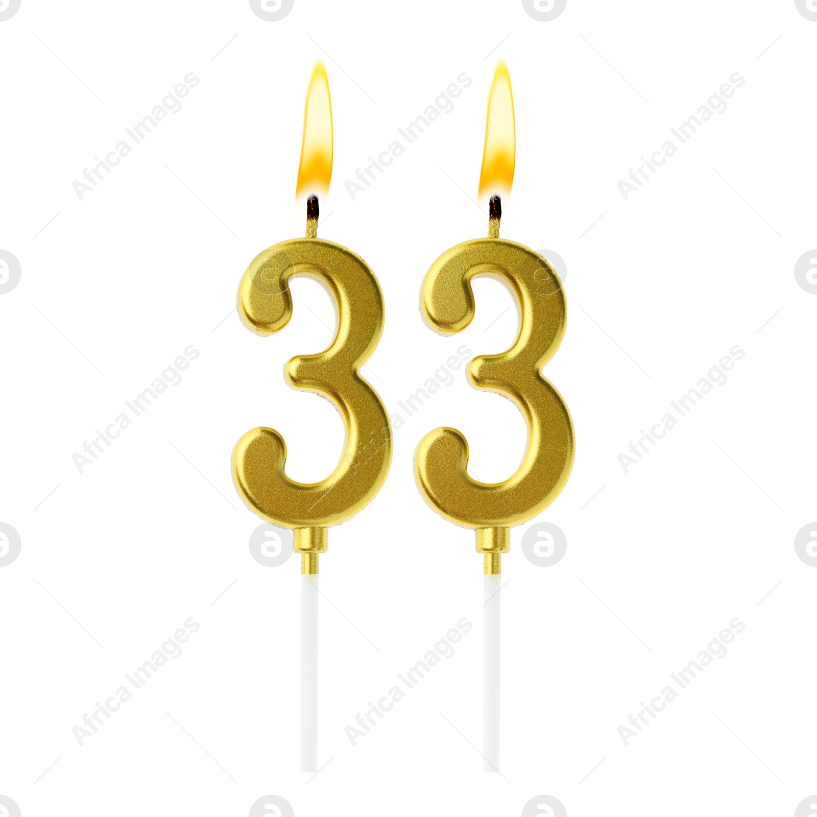 Burning golden cake candles composing number 33 on white background. Festive decoration for birthday or other special date Image of Burning golden cake candles composing number 33 on white background. Festive decoration for birthday or other special date