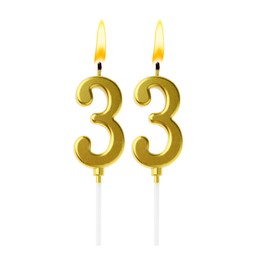 Image of Burning golden cake candles composing number 33 on white background. Festive decoration for birthday or other special date