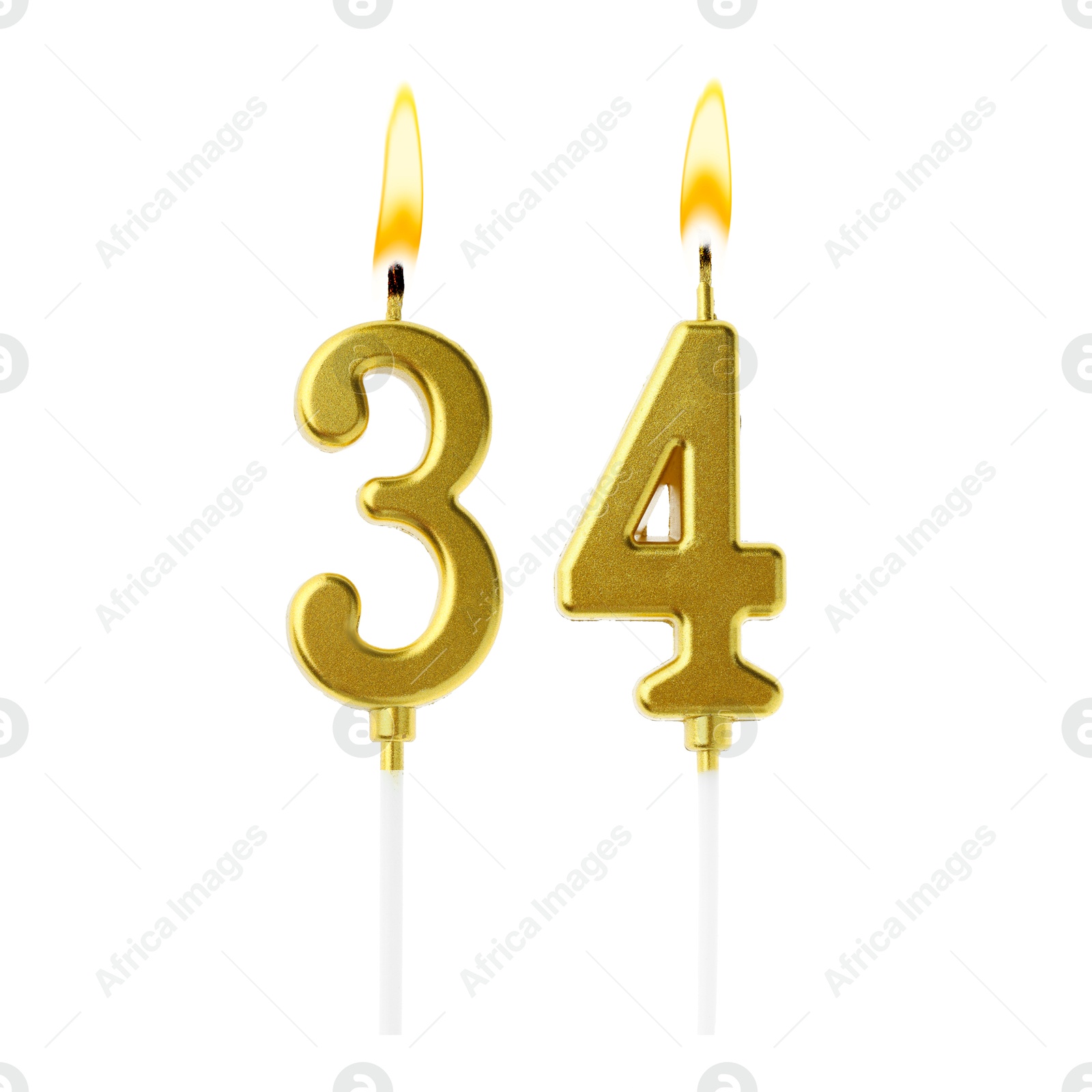 Burning golden cake candles composing number 34 on white background. Festive decoration for birthday or other special date Image of Burning golden cake candles composing number 34 on white background. Festive decoration for birthday or other special date