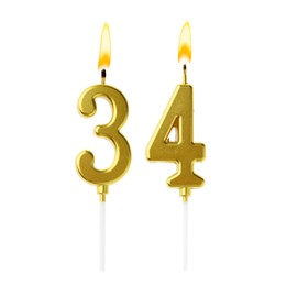 Image of Burning golden cake candles composing number 34 on white background. Festive decoration for birthday or other special date