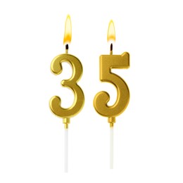 Image of Burning golden cake candles composing number 35 on white background. Festive decoration for birthday or other special date
