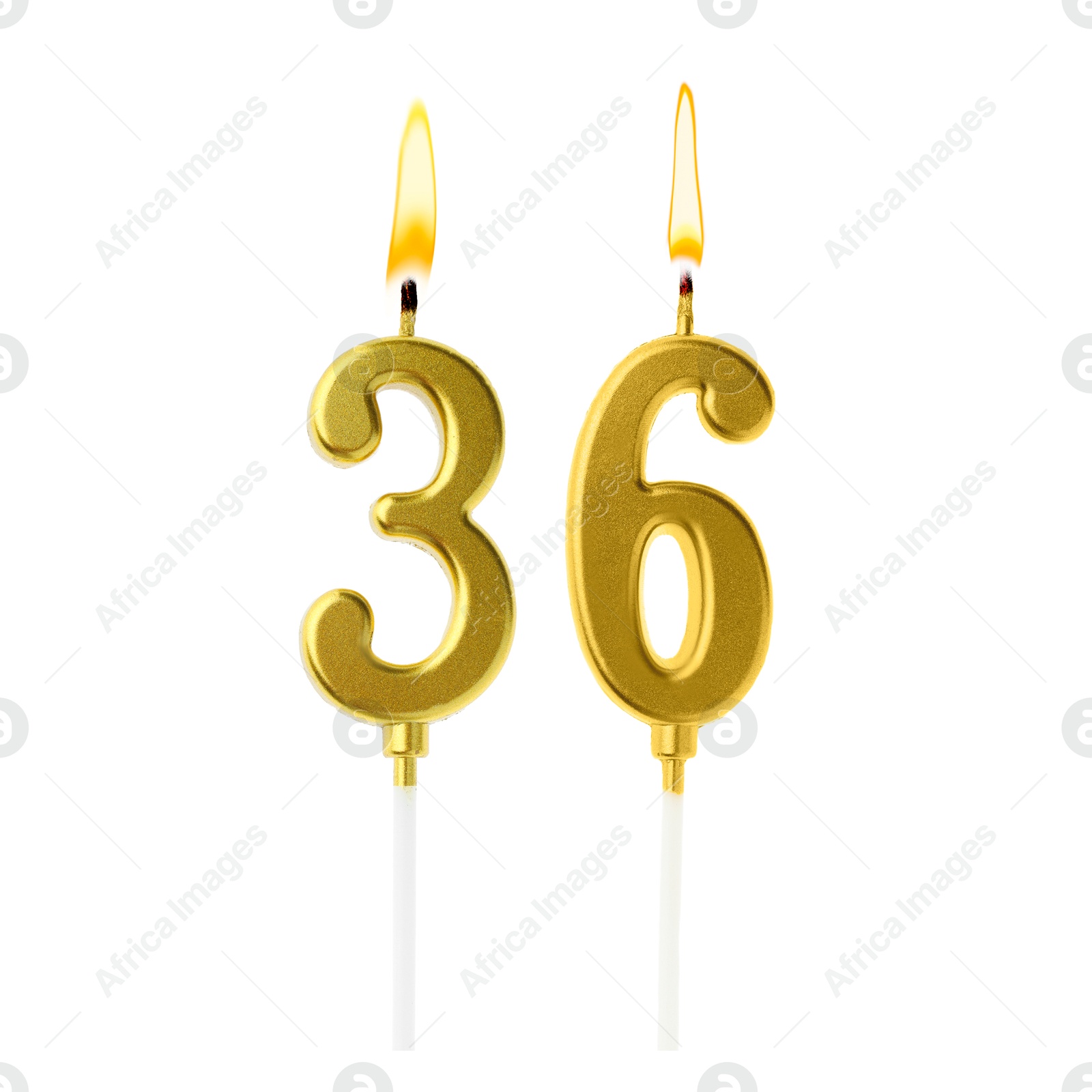 Burning golden cake candles composing number 36 on white background. Festive decoration for birthday or other special date Image of Burning golden cake candles composing number 36 on white background. Festive decoration for birthday or other special date
