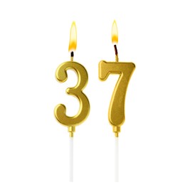 Image of Burning golden cake candles composing number 37 on white background. Festive decoration for birthday or other special date