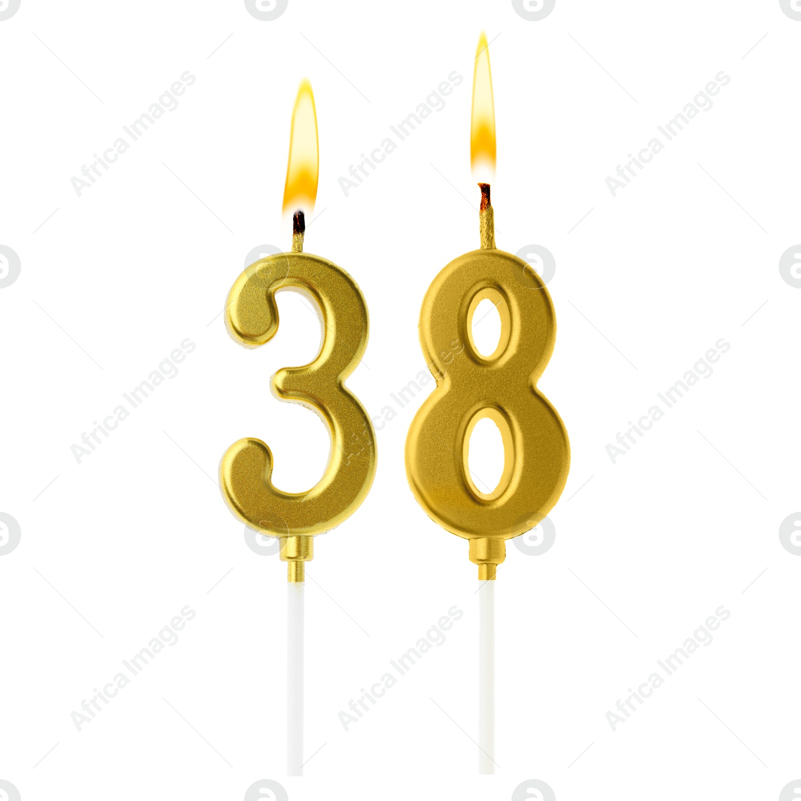 Burning golden cake candles composing number 38 on white background. Festive decoration for birthday or other special date Image of Burning golden cake candles composing number 38 on white background. Festive decoration for birthday or other special date