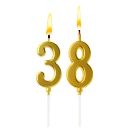 Image of Burning golden cake candles composing number 38 on white background. Festive decoration for birthday or other special date