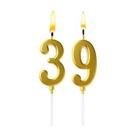 Image of Burning golden cake candles composing number 39 on white background. Festive decoration for birthday or other special date