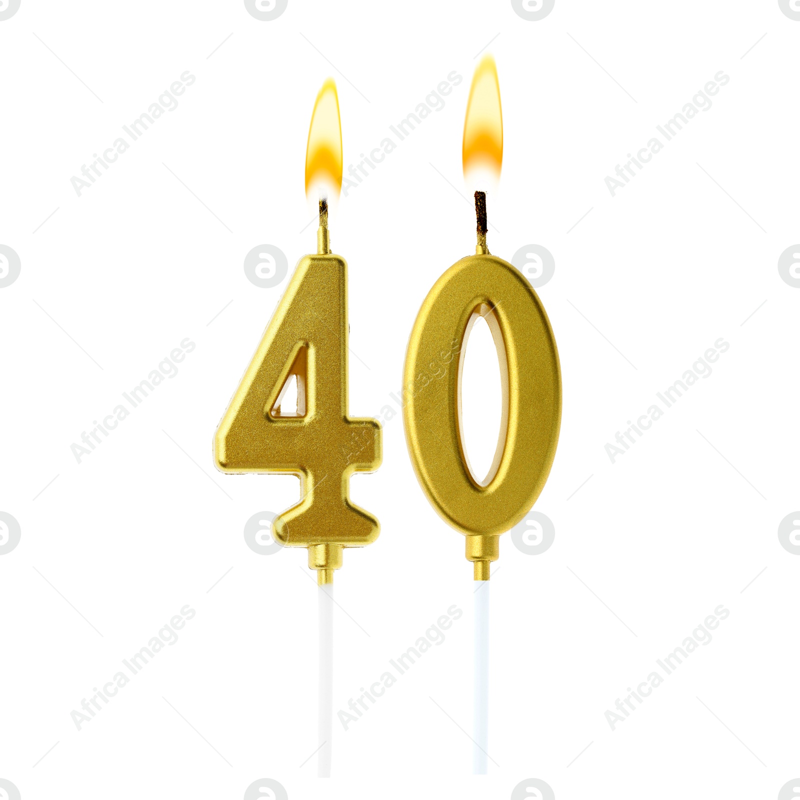 Burning golden cake candles composing number 40 on white background. Festive decoration for birthday or other special date Image of Burning golden cake candles composing number 40 on white background. Festive decoration for birthday or other special date