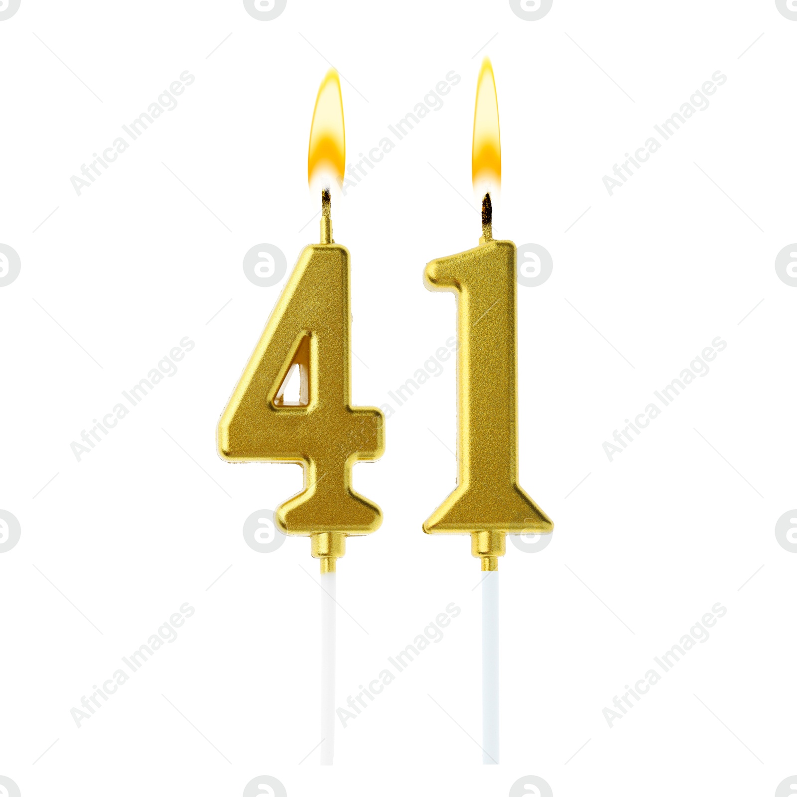 Burning golden cake candles composing number 41 on white background. Festive decoration for birthday or other special date Image of Burning golden cake candles composing number 41 on white background. Festive decoration for birthday or other special date