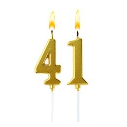 Image of Burning golden cake candles composing number 41 on white background. Festive decoration for birthday or other special date