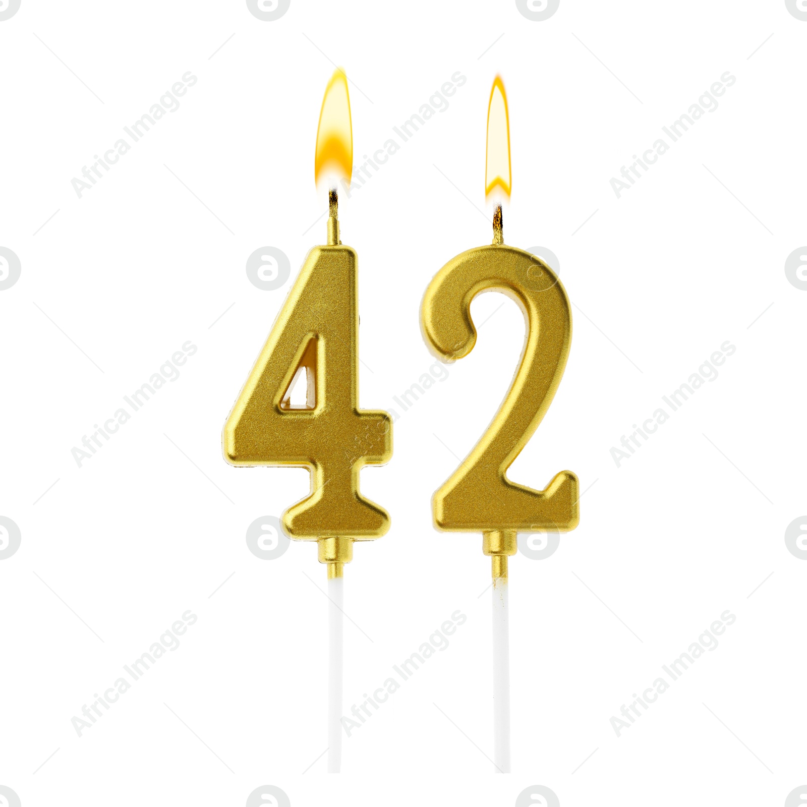 Burning golden cake candles composing number 42 on white background. Festive decoration for birthday or other special date Image of Burning golden cake candles composing number 42 on white background. Festive decoration for birthday or other special date