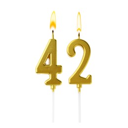 Image of Burning golden cake candles composing number 42 on white background. Festive decoration for birthday or other special date