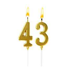 Image of Burning golden cake candles composing number 43 on white background. Festive decoration for birthday or other special date