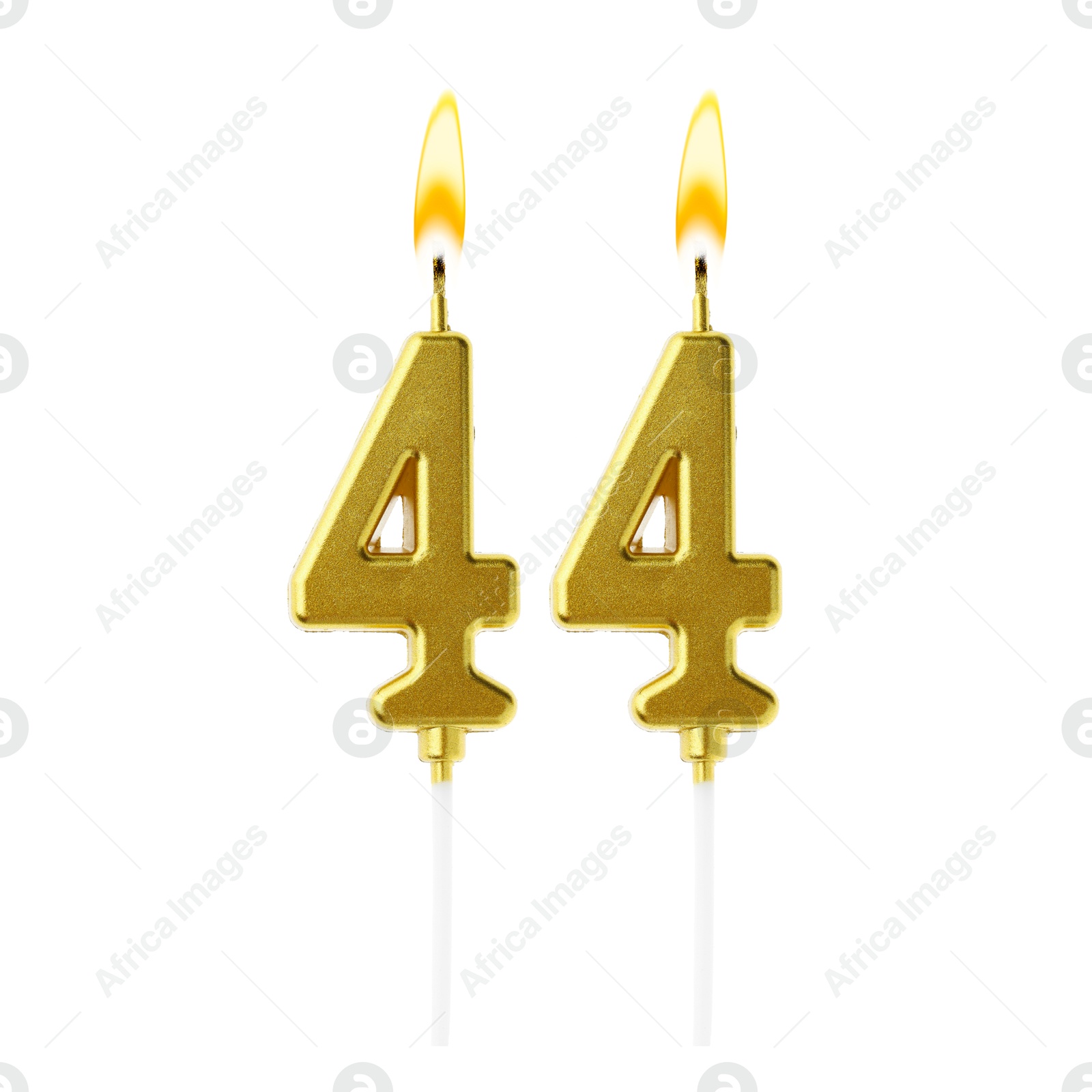 Burning golden cake candles composing number 44 on white background. Festive decoration for birthday or other special date Image of Burning golden cake candles composing number 44 on white background. Festive decoration for birthday or other special date