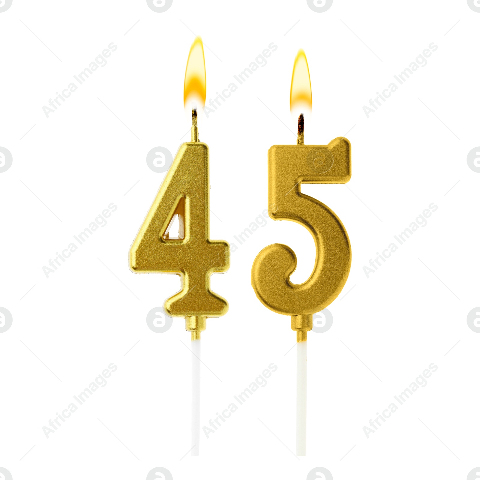 Burning golden cake candles composing number 45 on white background. Festive decoration for birthday or other special date Image of Burning golden cake candles composing number 45 on white background. Festive decoration for birthday or other special date