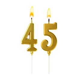 Image of Burning golden cake candles composing number 45 on white background. Festive decoration for birthday or other special date