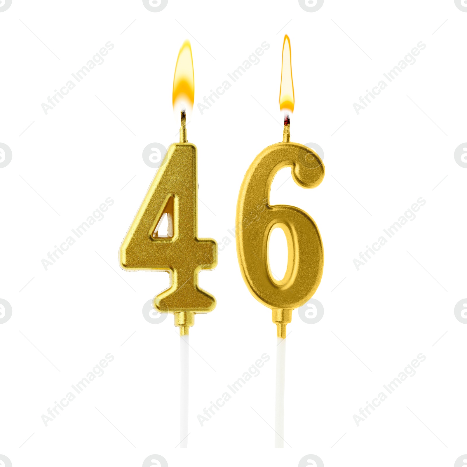 Burning golden cake candles composing number 46 on white background. Festive decoration for birthday or other special date Image of Burning golden cake candles composing number 46 on white background. Festive decoration for birthday or other special date