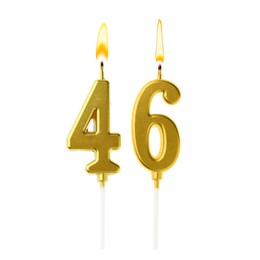Image of Burning golden cake candles composing number 46 on white background. Festive decoration for birthday or other special date