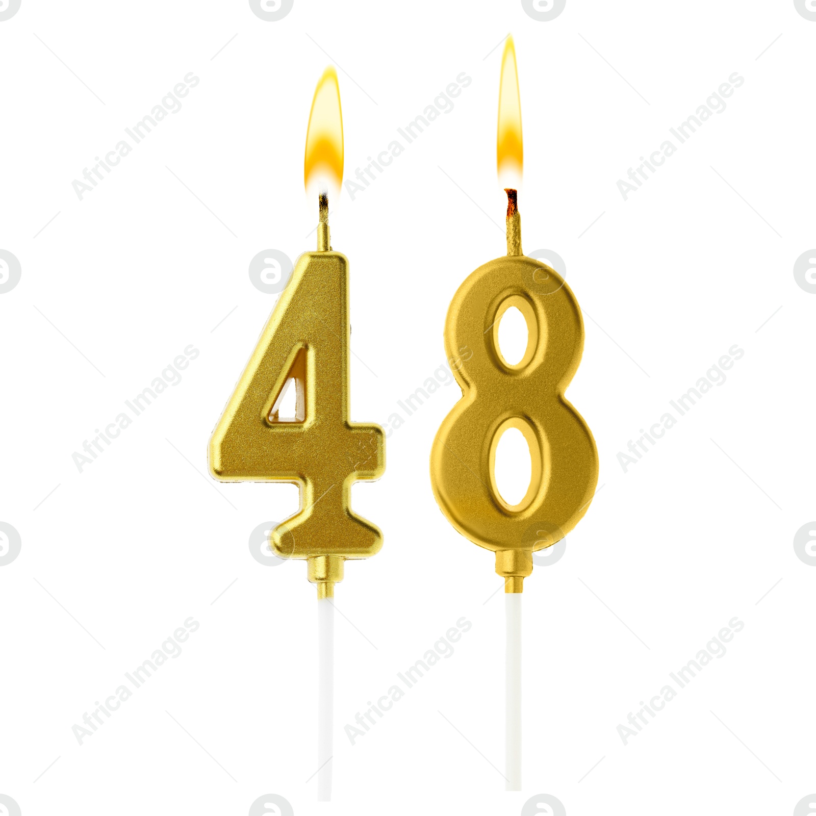 Burning golden cake candles composing number 48 on white background. Festive decoration for birthday or other special date Image of Burning golden cake candles composing number 48 on white background. Festive decoration for birthday or other special date