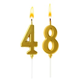 Image of Burning golden cake candles composing number 48 on white background. Festive decoration for birthday or other special date