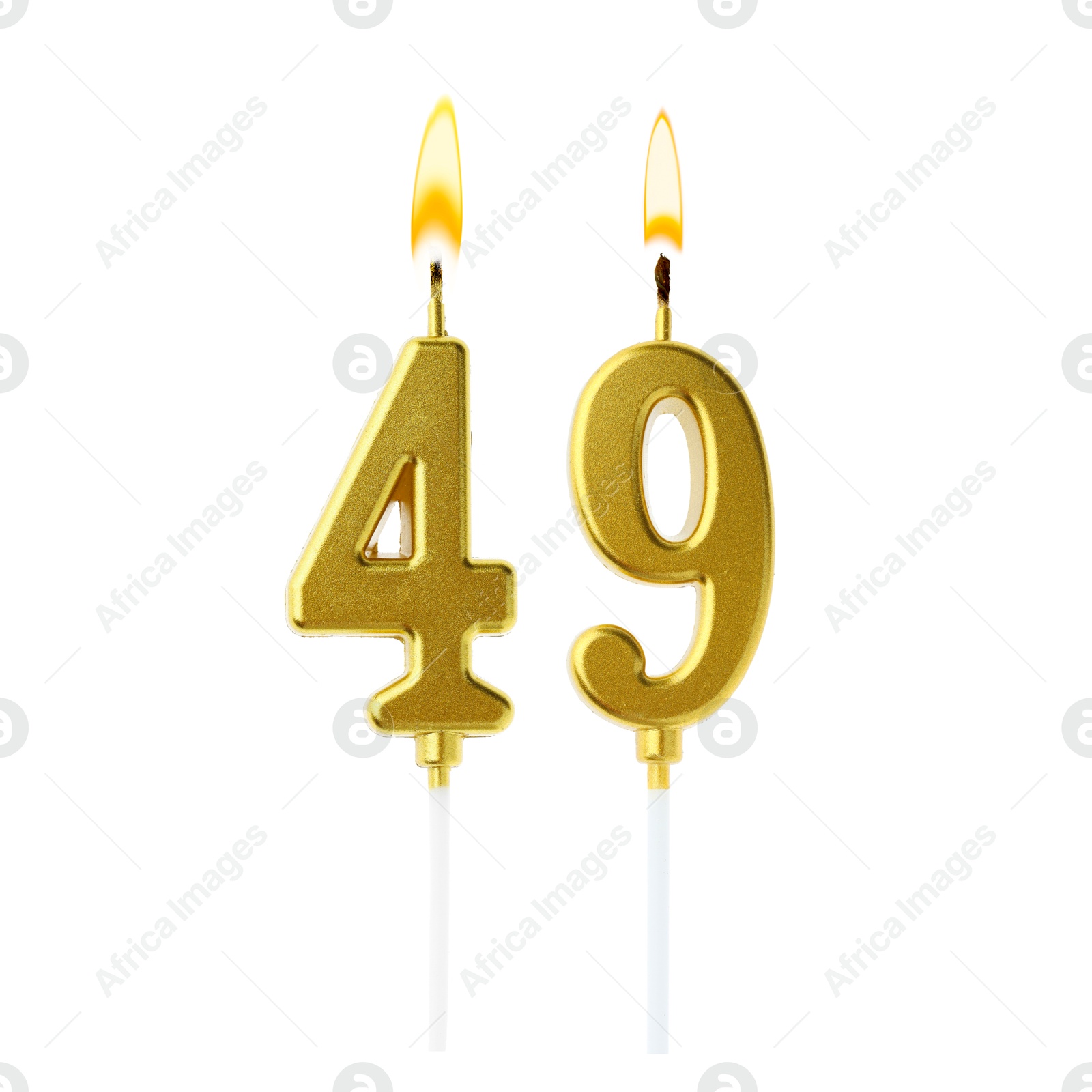 Burning golden cake candles composing number 49 on white background. Festive decoration for birthday or other special date Image of Burning golden cake candles composing number 49 on white background. Festive decoration for birthday or other special date