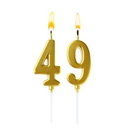 Image of Burning golden cake candles composing number 49 on white background. Festive decoration for birthday or other special date