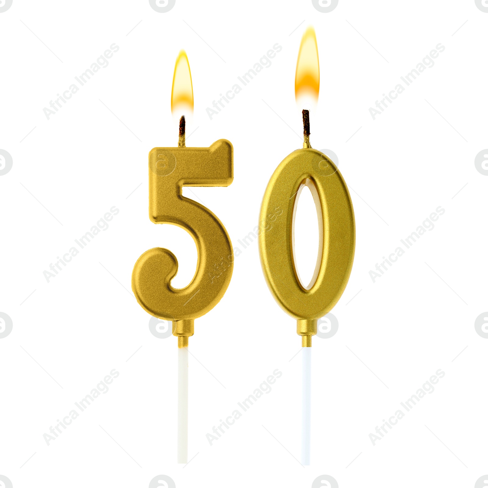 Burning golden cake candles composing number 50 on white background. Festive decoration for birthday or other special date Image of Burning golden cake candles composing number 50 on white background. Festive decoration for birthday or other special date