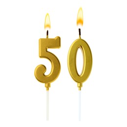 Image of Burning golden cake candles composing number 50 on white background. Festive decoration for birthday or other special date