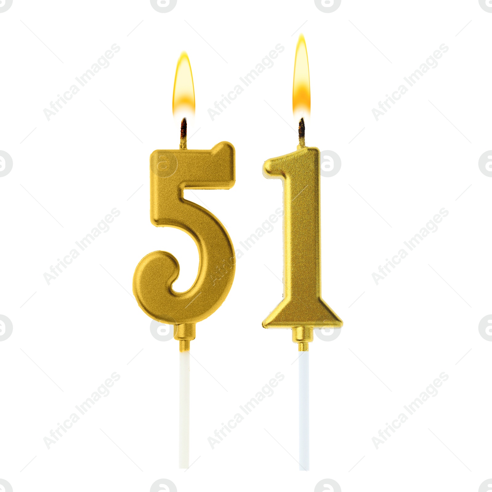 Burning golden cake candles composing number 51 on white background. Festive decoration for birthday or other special date Image of Burning golden cake candles composing number 51 on white background. Festive decoration for birthday or other special date
