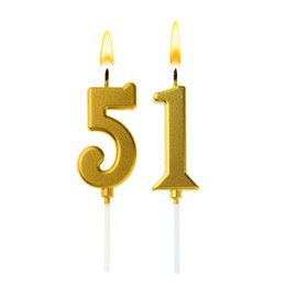 Image of Burning golden cake candles composing number 51 on white background. Festive decoration for birthday or other special date