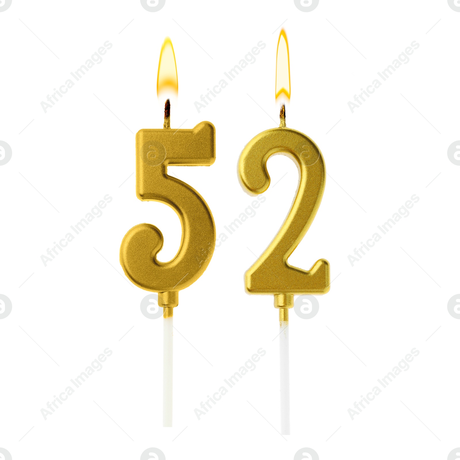 Burning golden cake candles composing number 52 on white background. Festive decoration for birthday or other special date Image of Burning golden cake candles composing number 52 on white background. Festive decoration for birthday or other special date