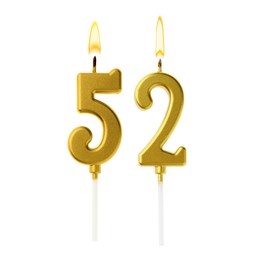 Image of Burning golden cake candles composing number 52 on white background. Festive decoration for birthday or other special date