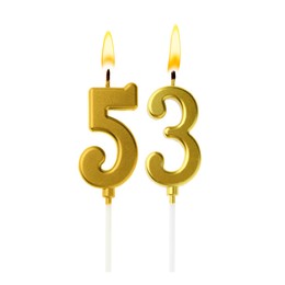 Image of Burning golden cake candles composing number 53 on white background. Festive decoration for birthday or other special date