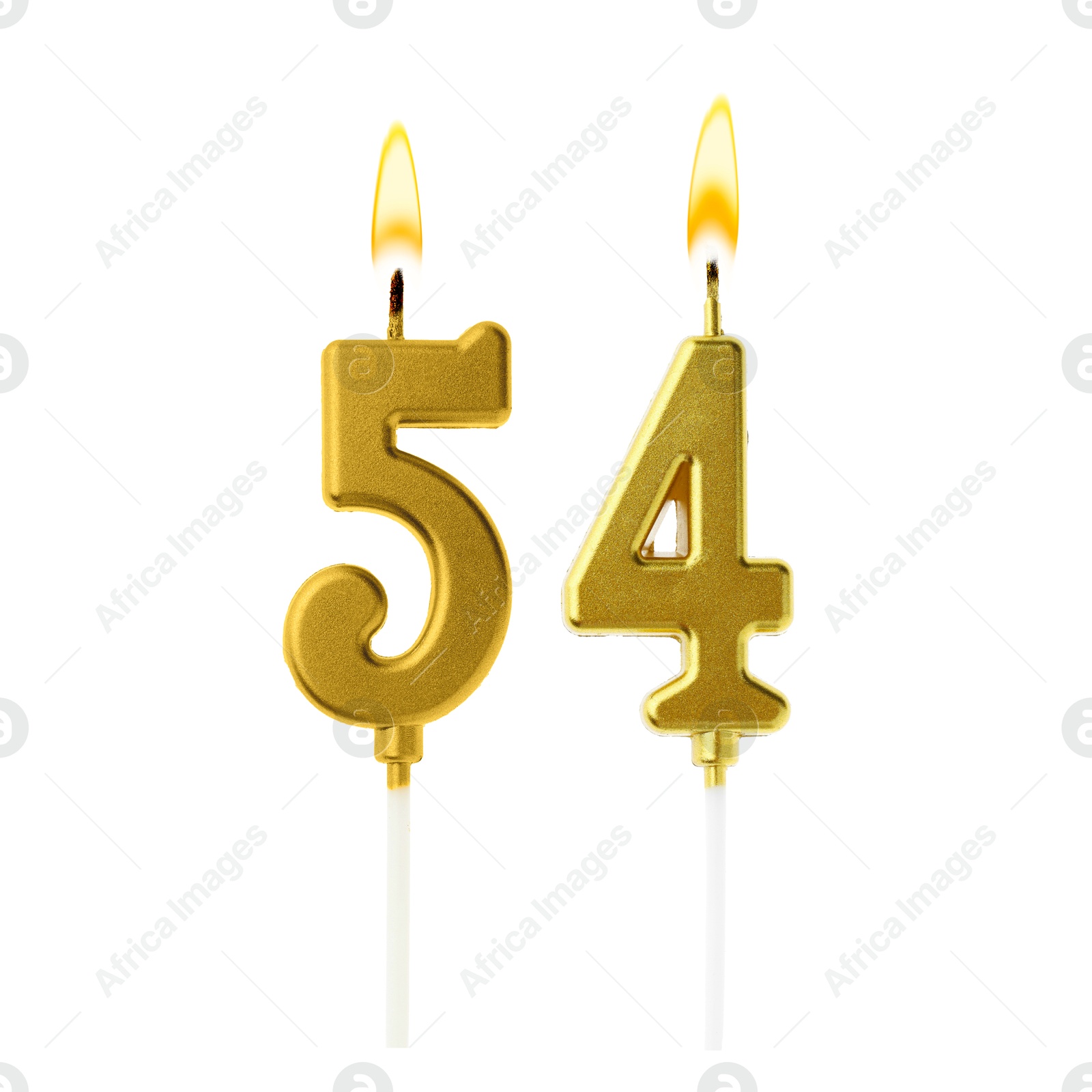 Burning golden cake candles composing number 54 on white background. Festive decoration for birthday or other special date Image of Burning golden cake candles composing number 54 on white background. Festive decoration for birthday or other special date