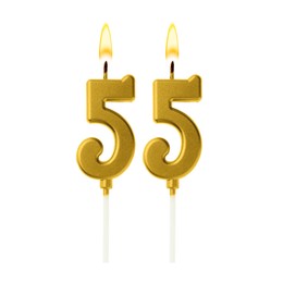 Image of Burning golden cake candles composing number 55 on white background. Festive decoration for birthday or other special date