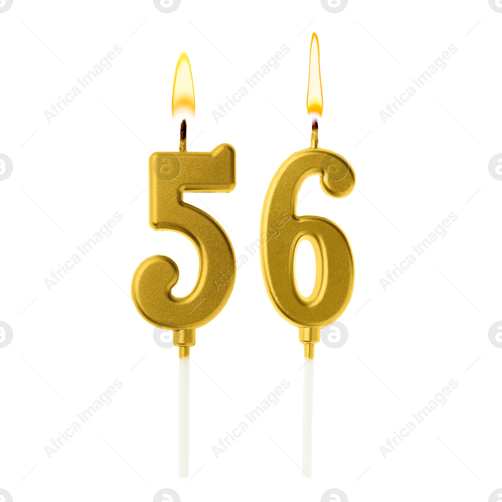 Burning golden cake candles composing number 56 on white background. Festive decoration for birthday or other special date Image of Burning golden cake candles composing number 56 on white background. Festive decoration for birthday or other special date