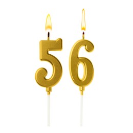 Image of Burning golden cake candles composing number 56 on white background. Festive decoration for birthday or other special date