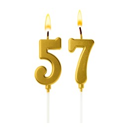 Image of Burning golden cake candles composing number 57 on white background. Festive decoration for birthday or other special date