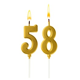 Image of Burning golden cake candles composing number 58 on white background. Festive decoration for birthday or other special date