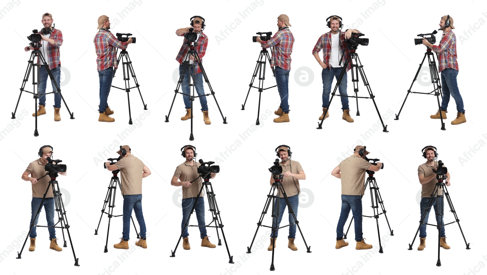 Videographer with video camera on white background, collage. Professional equipment Image of Videographer with video camera on white background, collage. Professional equipment
