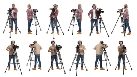 Image of Videographer with video camera on white background, collage. Professional equipment