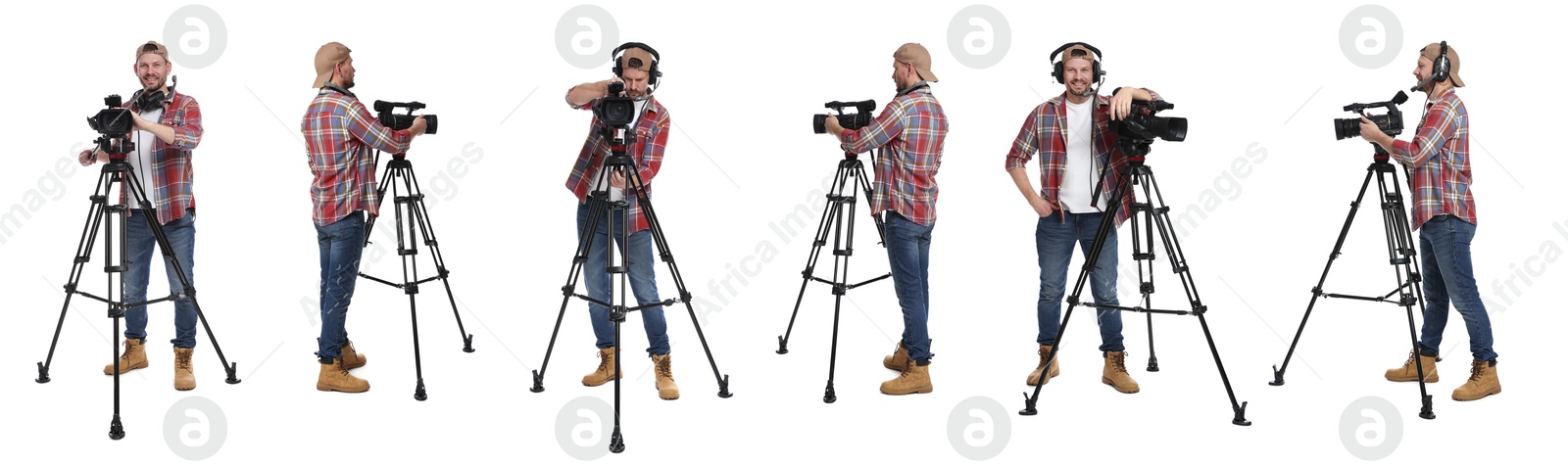Videographer with video camera on white background, collage. Professional equipment Image of Videographer with video camera on white background, collage. Professional equipment