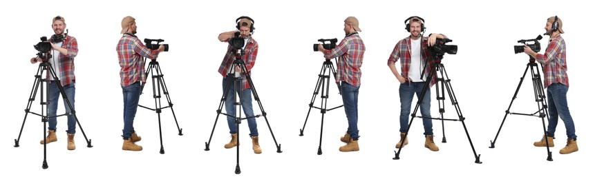 Image of Videographer with video camera on white background, collage. Professional equipment