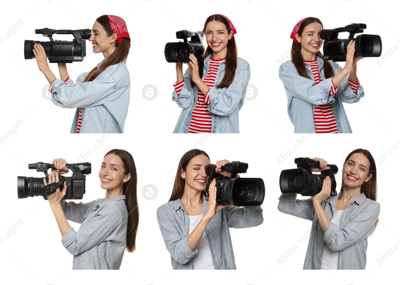 Image of Videographer with video camera on white background, collage. Professional equipment